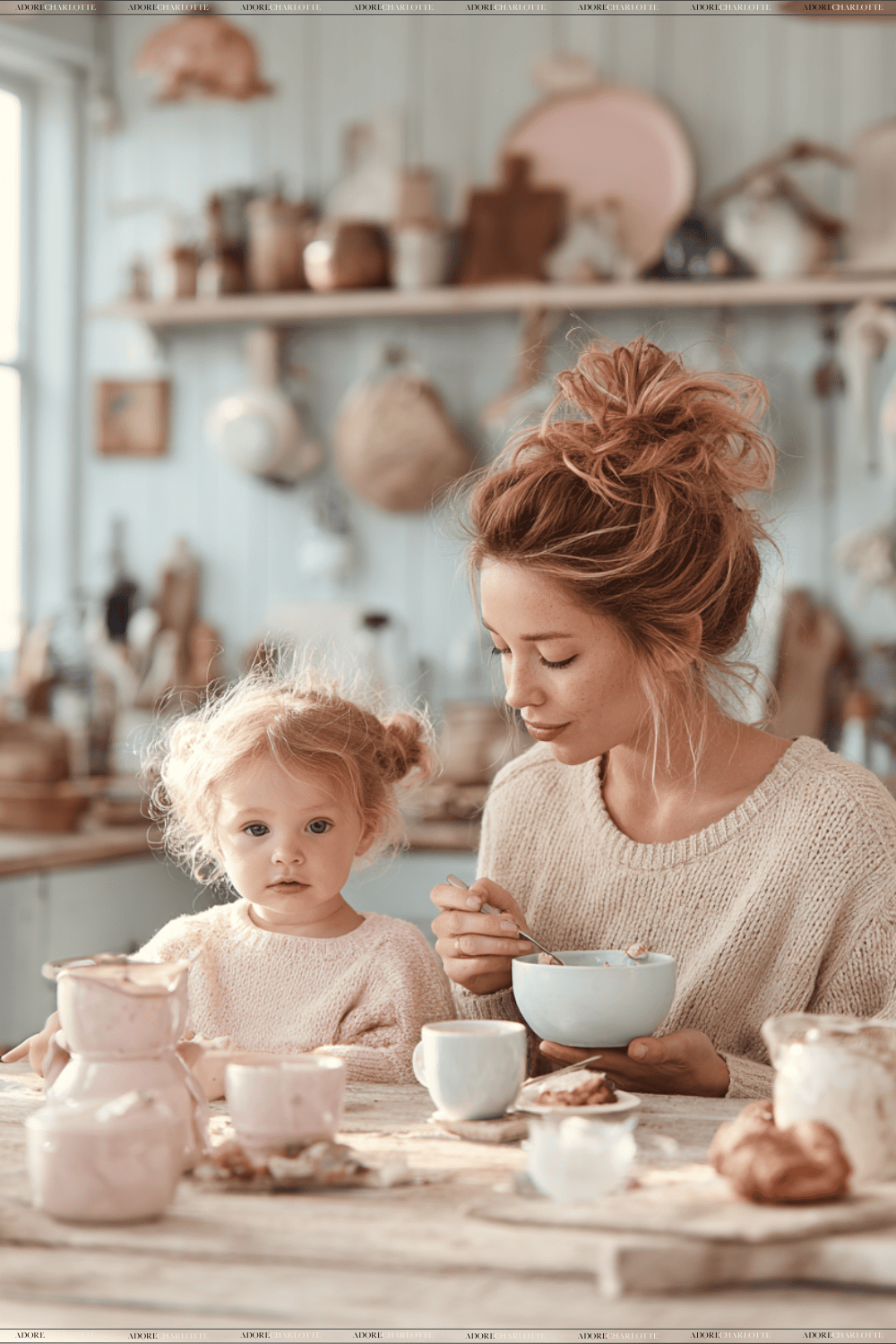 Mother and toddler daughter having breakfast together.