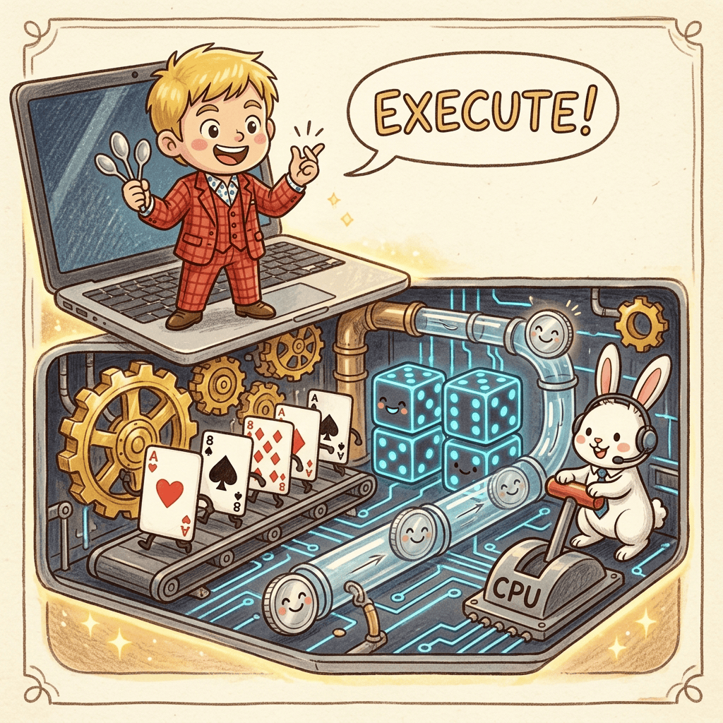 VSCode×Claude Codeで「ブログ執筆→画像生成→SEO設定→WordPress投稿」を全自動化した話。もうWordPressの管理画面を開く必要がない 6 WordPress自動投稿の裏側。ノートPCの断面図で、表面のマジシャンが一言指示するだけで、裏側では擬人化トランプ・サイコロ・コインが歯車を回しデータを運ぶチビキャラ風イラスト