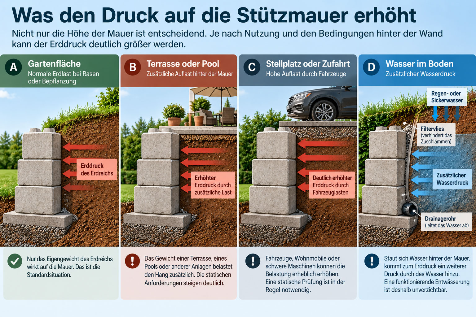 Vier Querschnitte zeigen die Belastung einer Stützmauer durch Gartenfläche, Terrasse oder Pool, Fahrzeuge und aufgestautes Sickerwasser.