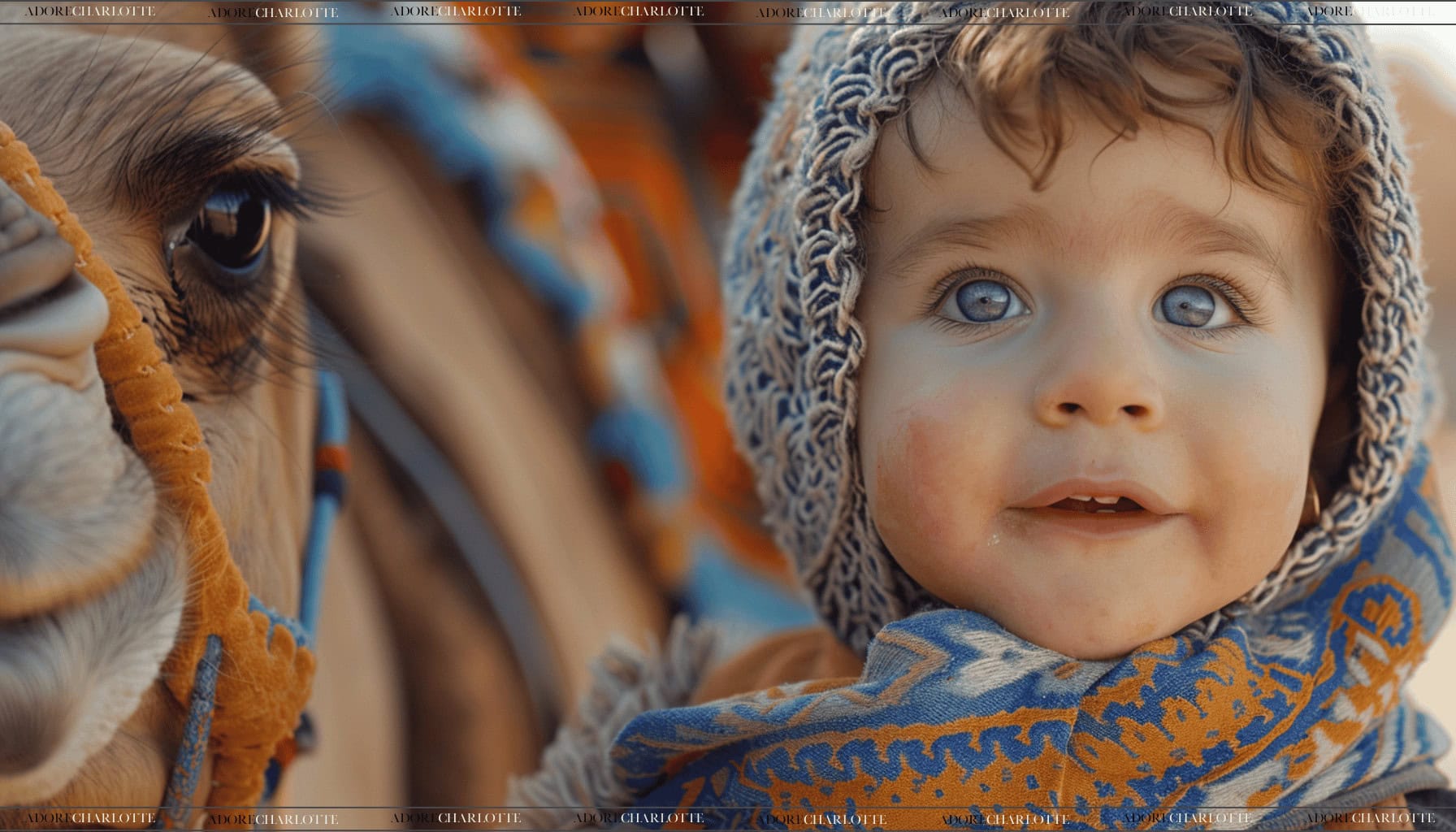 Adorable blue eyes brown hair boy stood next to a camel in the desert.