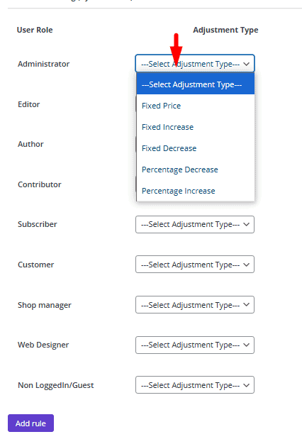 Adjustment types in role-based pricing plugin