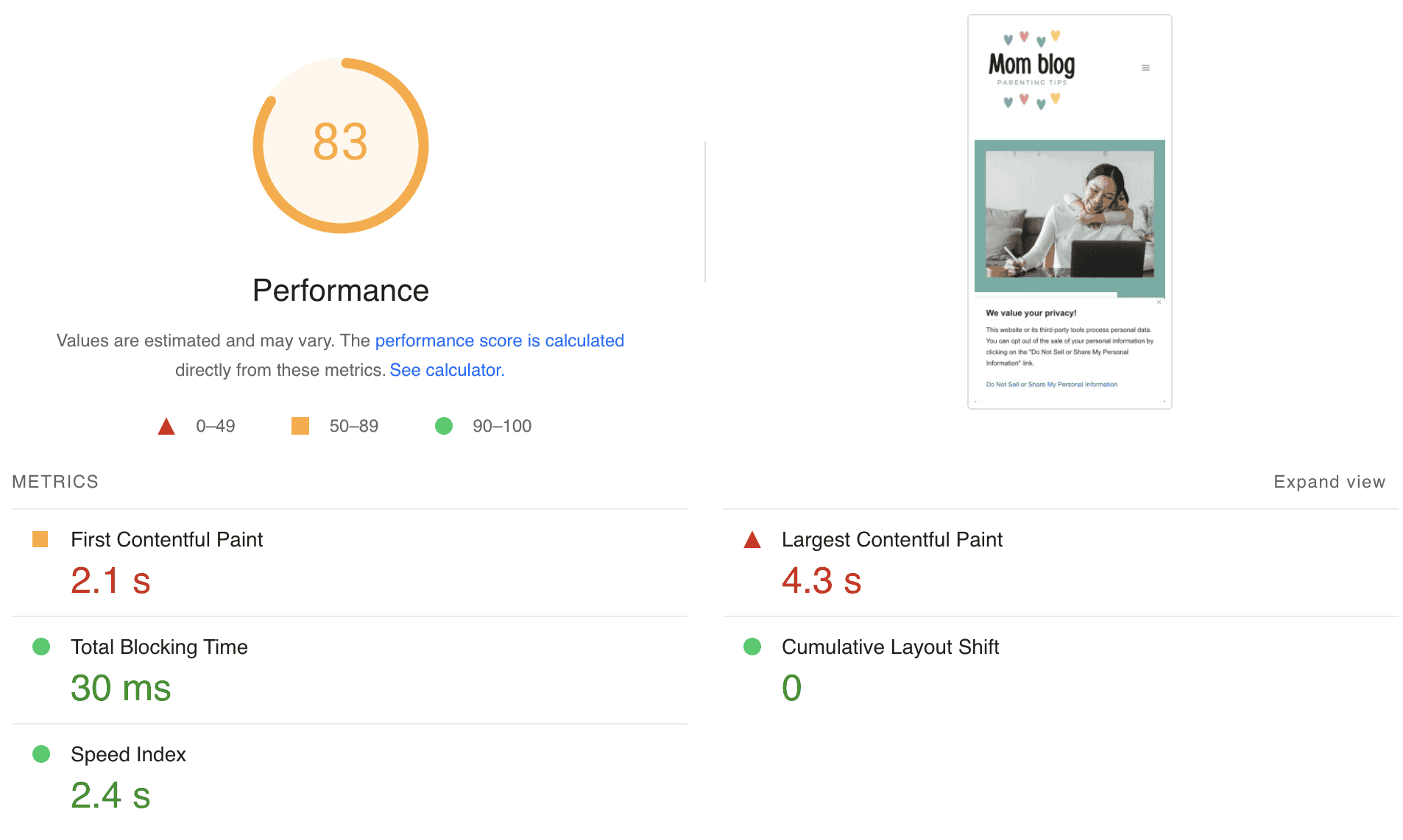 Largest Contentful Paint in WordPress: Tips for a Faster Website Score 4 screenshot speed test 3