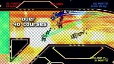 Jet de course pixelisé sur circuit coloré avec débris, mettant en avant la compétition racée et la vitesse dans un environnement de jeu vidéo.