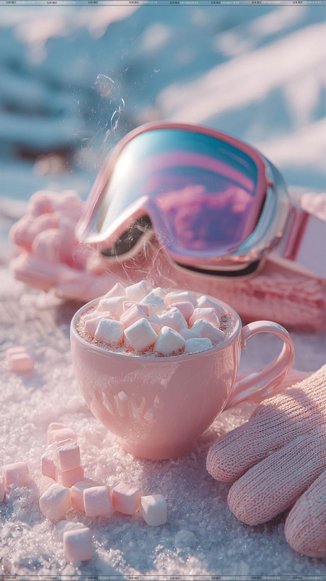 ski googles. hot chocolate with marshmallows.