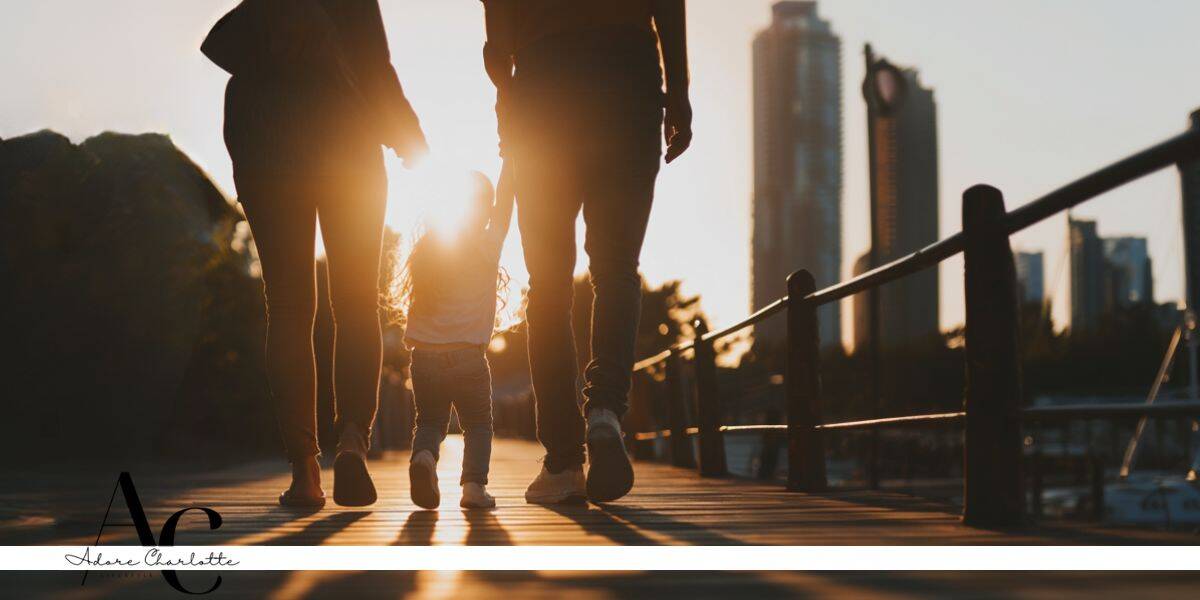 A family out for a walk wearing Comfortable Footwear.