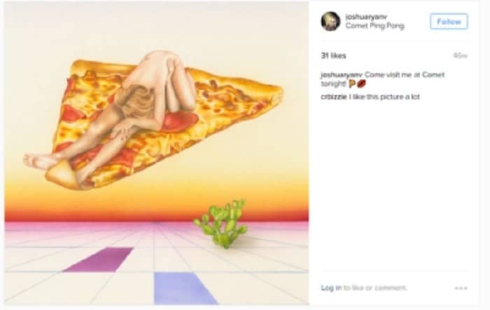 Surreal artwork depicting a nude figure reclining on a pizza slice floating above a grid-like landscape. A small cactus sits below. The image evokes a sense of unease, potentially hinting at hidden elite depravity.