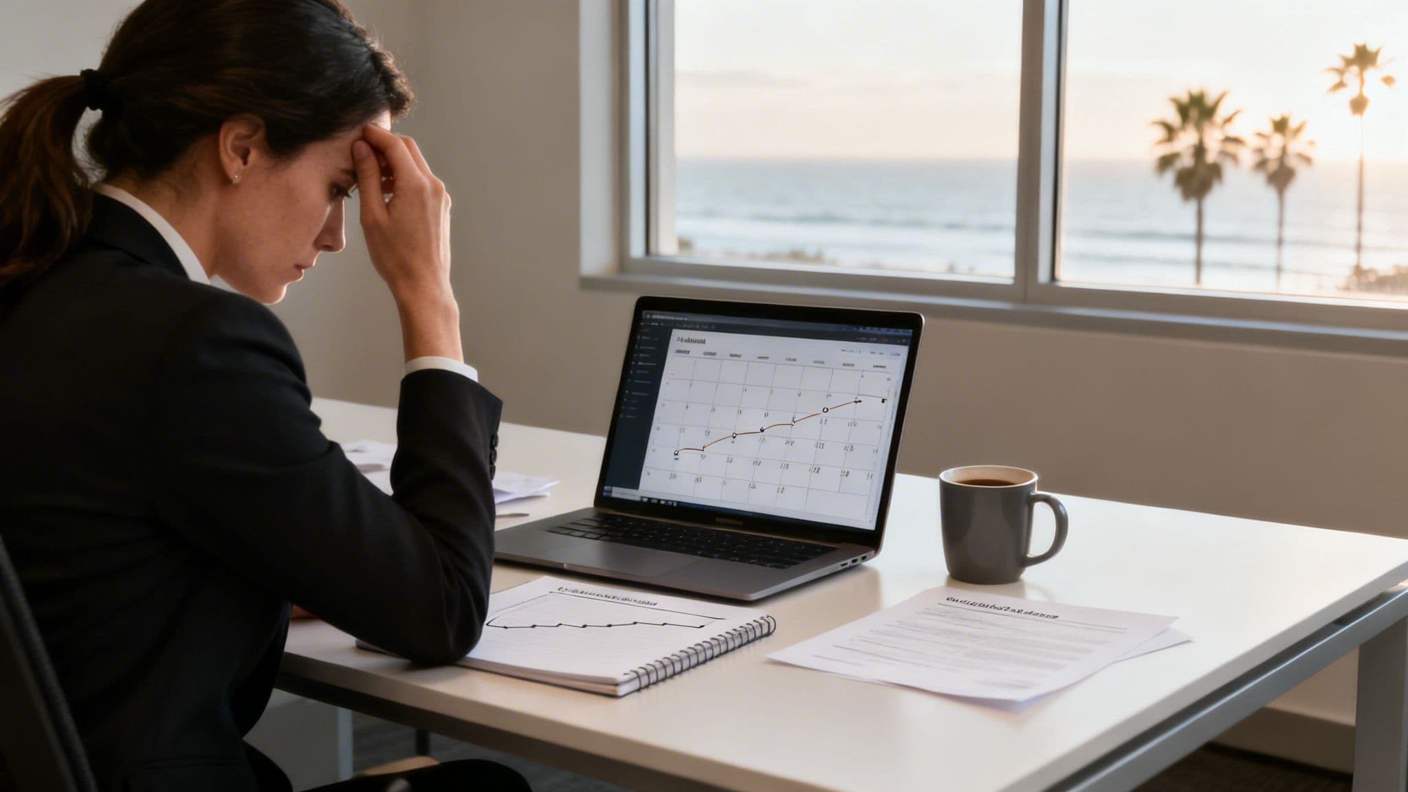 Orange County Corporate Events: 7 Essential Fixes for Flawless Planning 1 A stressed businesswoman at a desk with a laptop and coffee, overlooking the ocean.