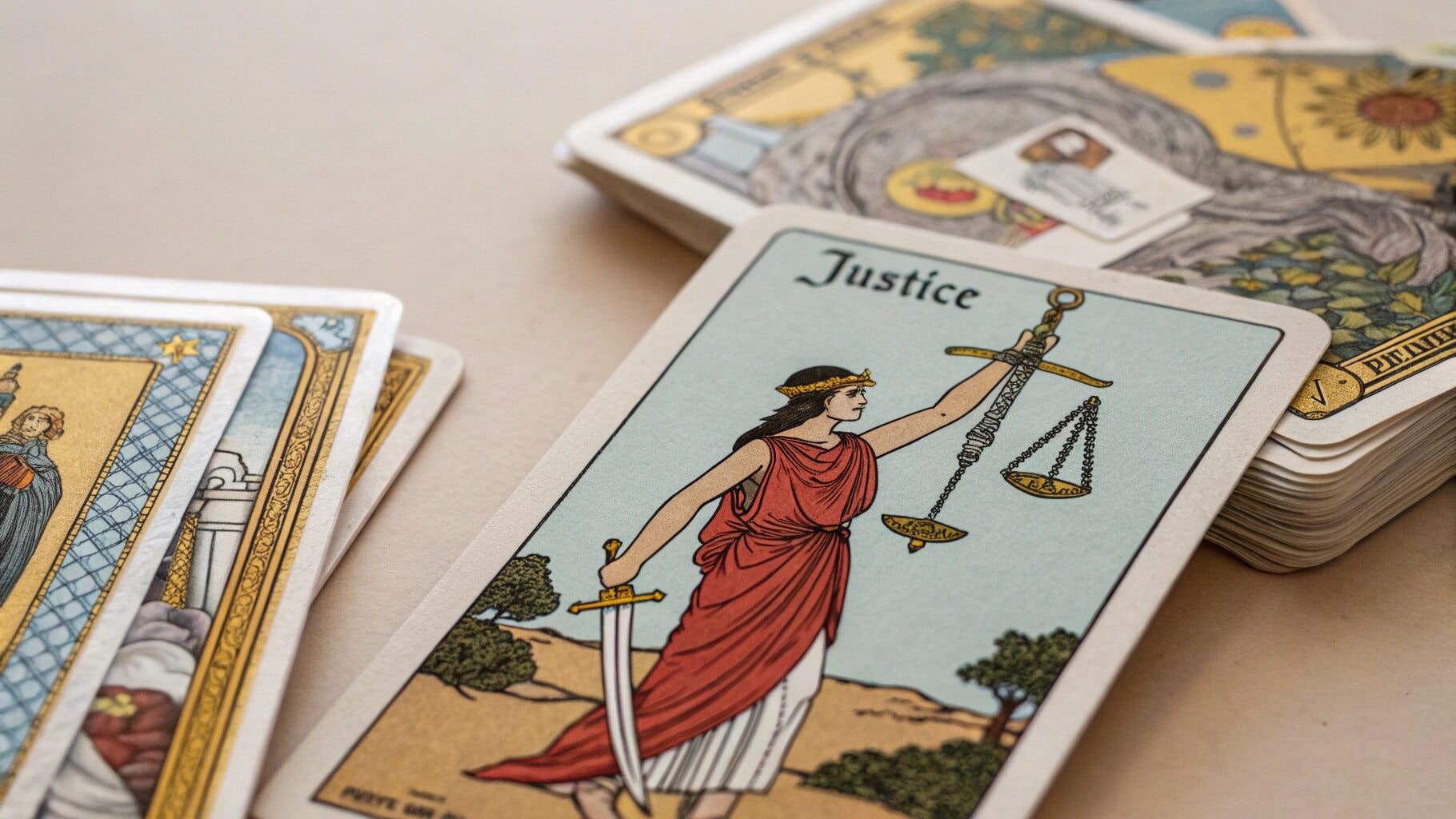 Justice tarot card featuring Libra's scales, connected to October 10th zodiac balance and fairness.