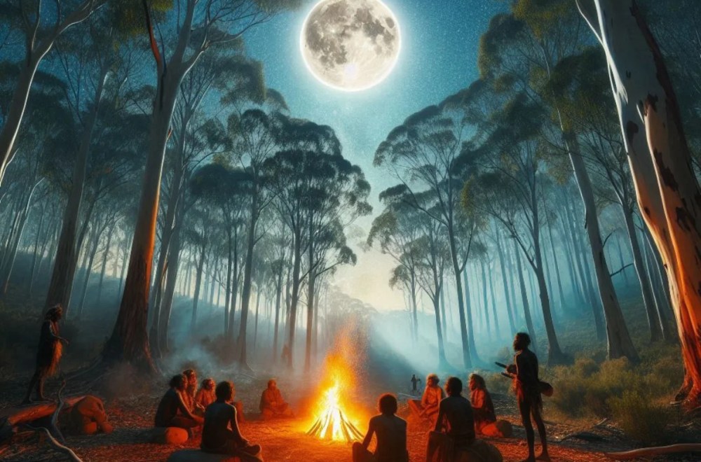 Aboriginal Full Moon Culture 7 A group of people sit around a campfire in a forest at night, surrounded by tall trees under a bright full moon. The calm, atmospheric scene reflects the warmth and storytelling traditions of Aboriginal culture beneath a starry sky.