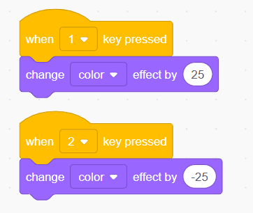 Scratch colour effect blocks — pressing 1 cycles colour forward, pressing 2 reverses it through the full hue spectrum