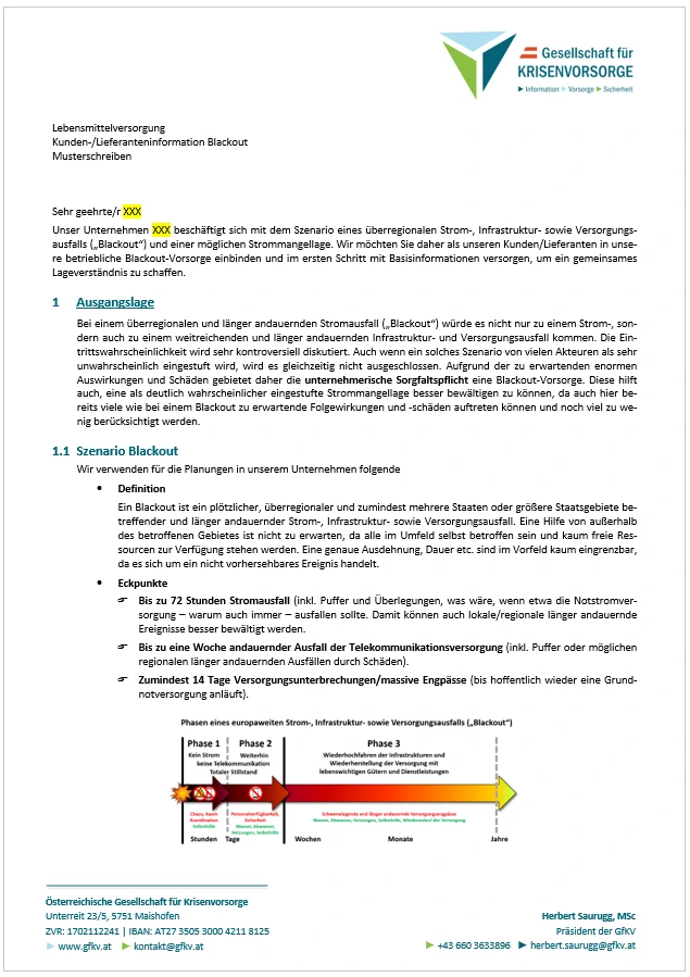 Kunden-Lieferanteninformation Blackout