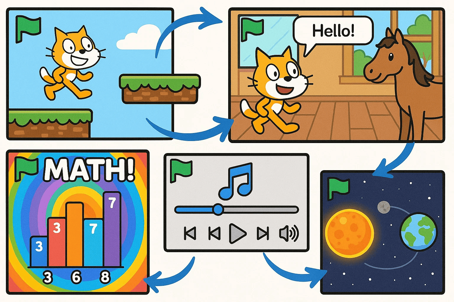 Scratch green flag icon used to start programs, reset sprites, and run scripts in a Scratch project
