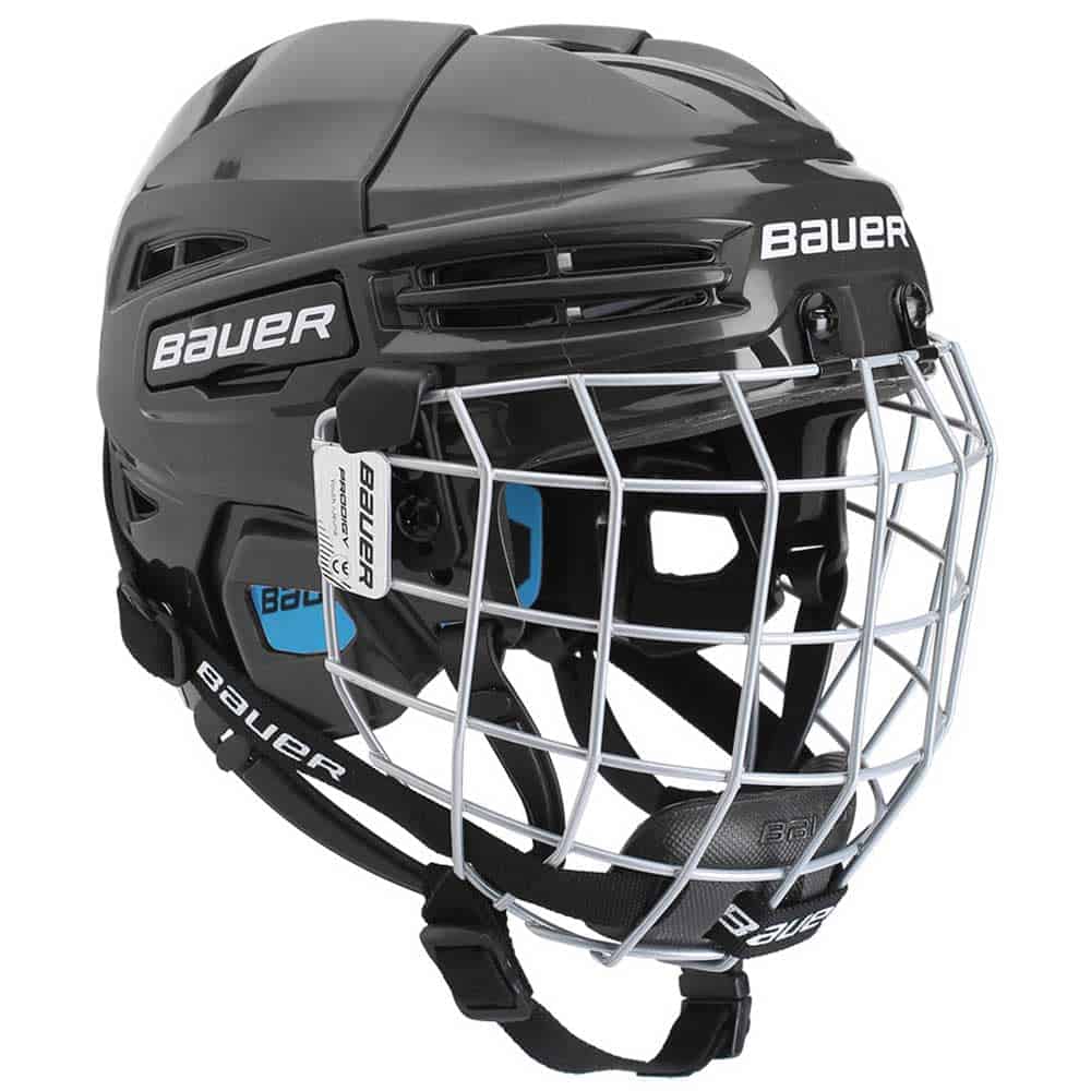Bauer Prodigy Youth Helmet/CAGE COMBO in black with a silver metal face cage, chin strap, and visible adjustment label.