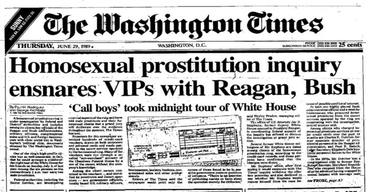 The Washington Times headline: "Homosexual prostitution inquiry ensnares VIPs with Reagan, Bush." The front page article details a scandal involving child abuse scandals, political cover-ups, and elite exploitation, including child victimization by celebrities and political figures.