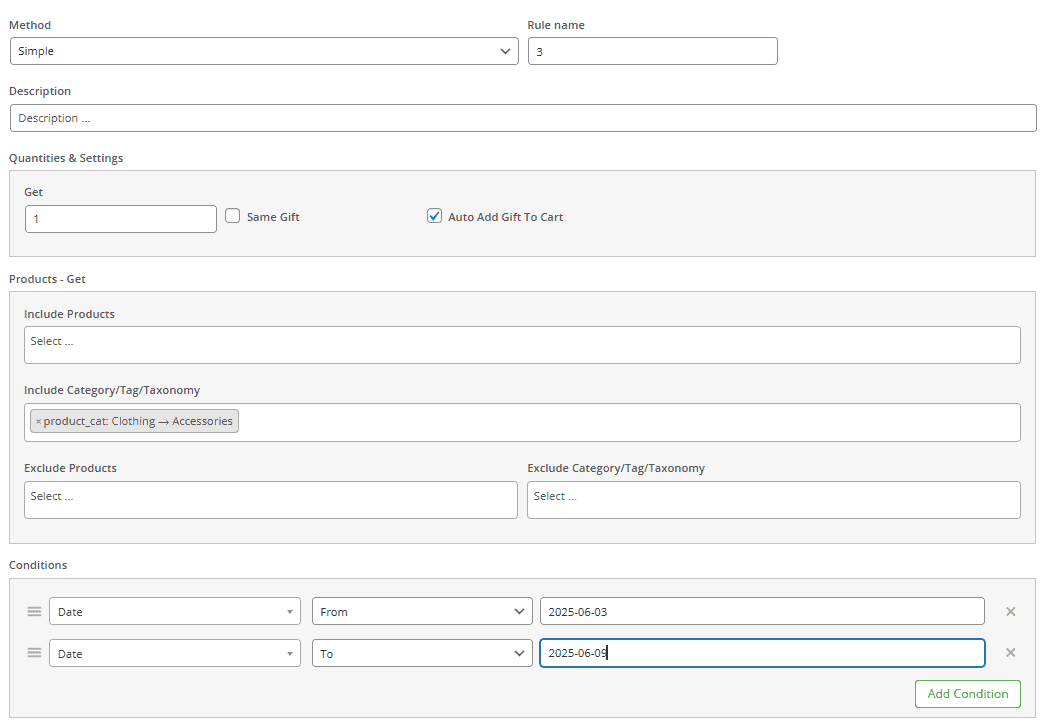 Create limited time rule using free gift plugin