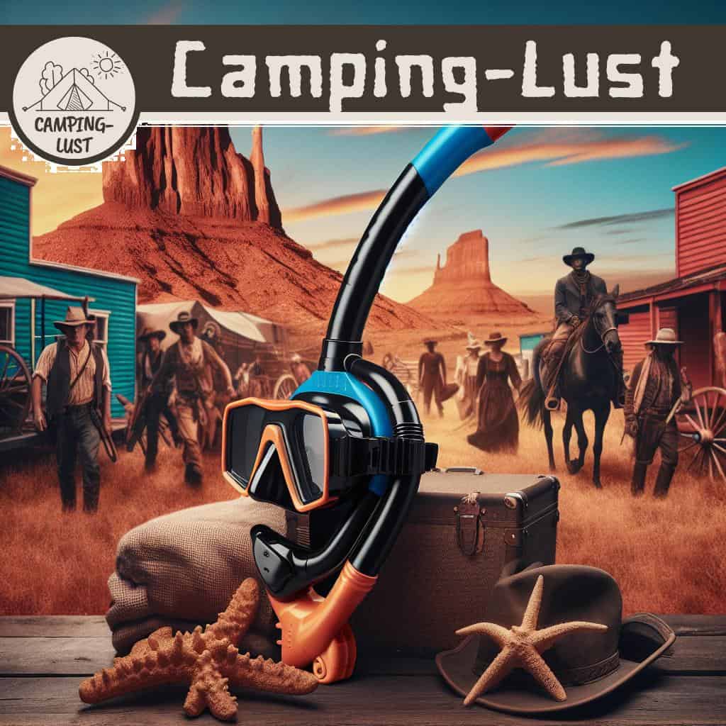 Eine Abbildung von Camping-Schnorchelausrüstung. Die Ausrüstung besteht aus einer Taucherbrille, einem Schnorchel und Flossen. Die Taucherbrille hat ein verstellbares Band und eine spezielle Beschichtung, die das Beschlagen verhindert. Der Schnorchel ist mit einem Mundstück ausgestattet, das einen bequemen Atemzug ermöglicht. Die Flossen sind aus flexiblem Material gefertigt und ermöglichen eine effiziente Fortbewegung im Wasser. Die Ausrüstung ist ideal für Camping-Ausflüge mit Schnorchelmöglichkeiten.