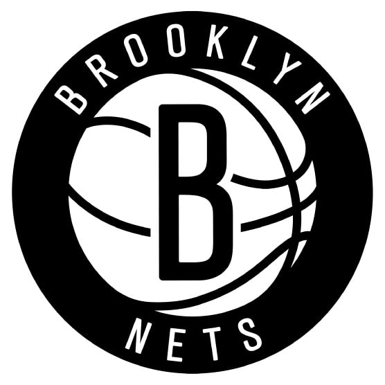 Brooklyn Nets logo featuring a large letter "B" over a basketball, with "Brooklyn" at the top and "Nets" at the bottom, all inside a black circle.