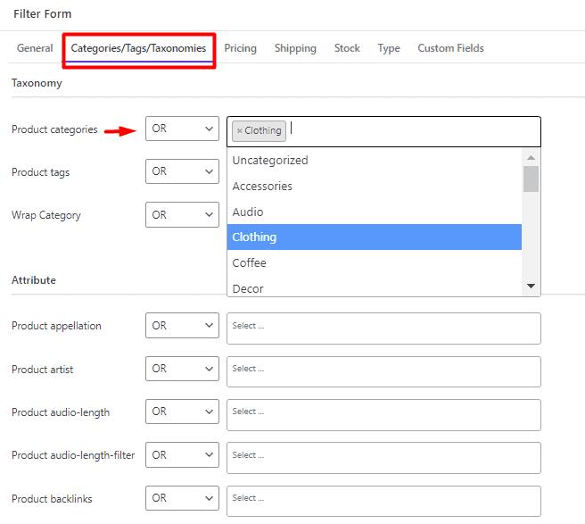 select clothing for product categories field in filter form