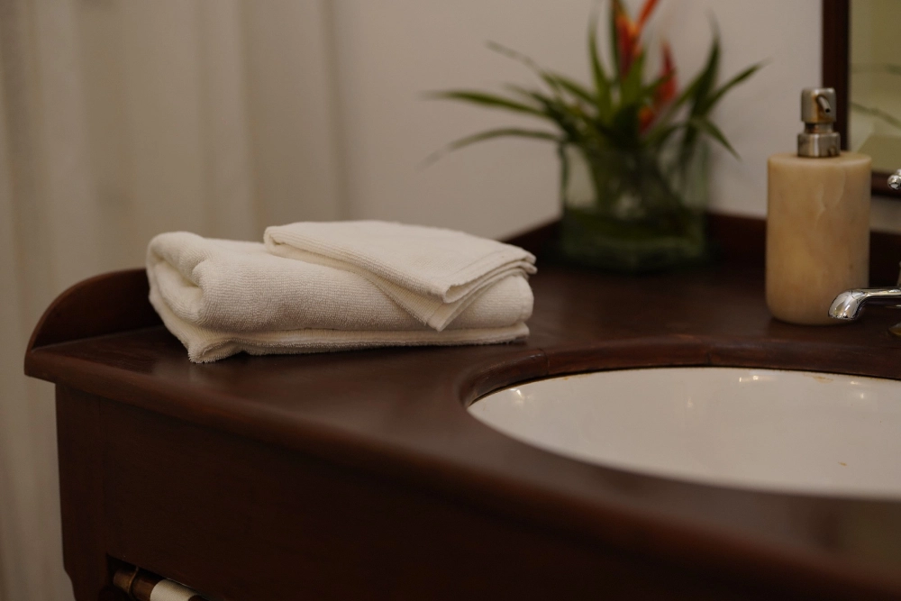 A bathroom sink with a mirror and neatly arranged towels in the Lime Butterfly room at Adigar's Manor.