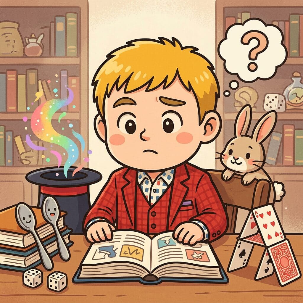 事務所をまるごとIDE×AI×Obsidianで管理してみたら世界が変わった。経理も発信も資料作成も、一人で5人分の仕事がこなせるようになった話 4 Claude Codeに使い方を相談するマジシャン。不安げな表情のマジシャンをAIアシスタントや擬人化したマジック道具たちが温かく応援するイラスト