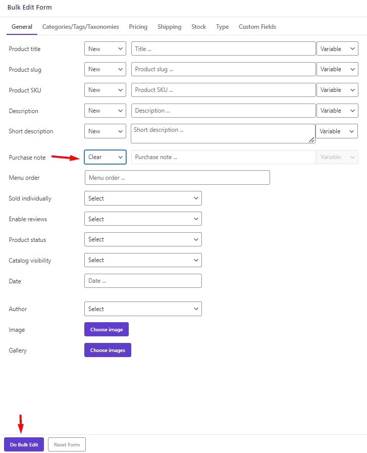 select clear option for purchase note in Bulk Edit form
