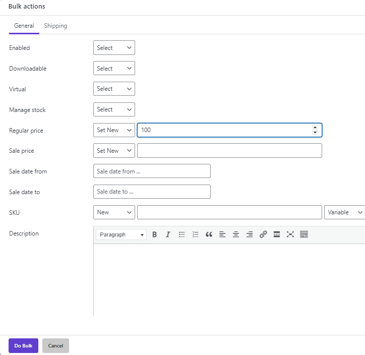 Bulk change variation regular price