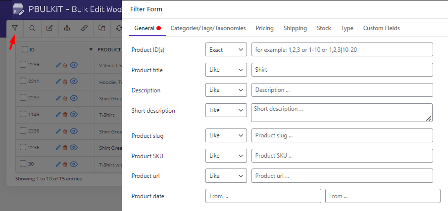 Filter WooCommerce products in general tab