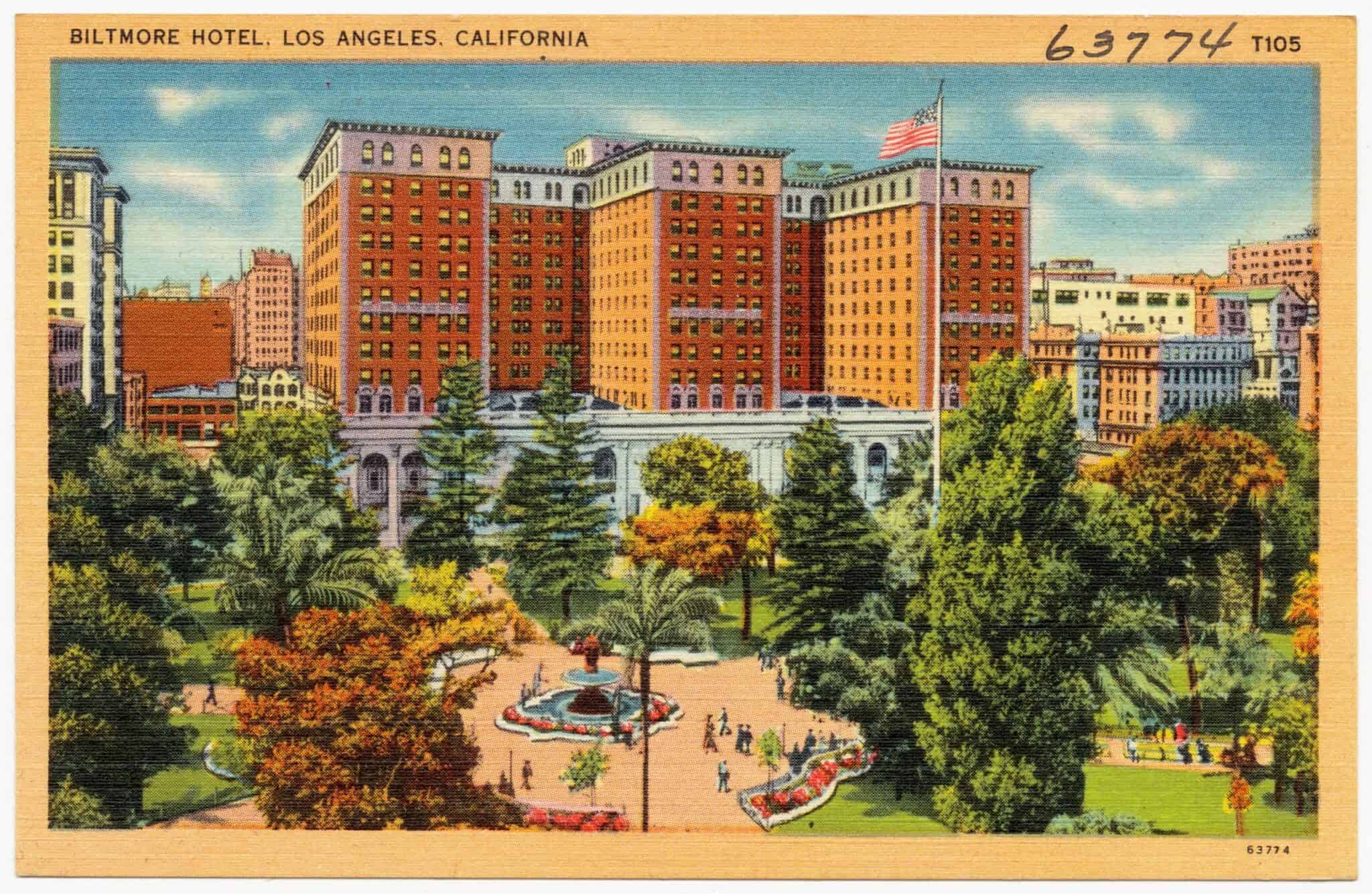 The Biltmore Hotel, Los Angeles, on a Tichnor Brothers postcard from about the 1930s or 1940s. Robert Manley said he dro