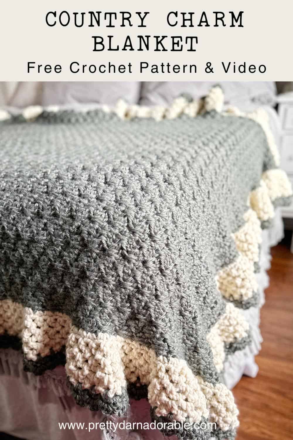 green crochet blanket with cream scalloped border
