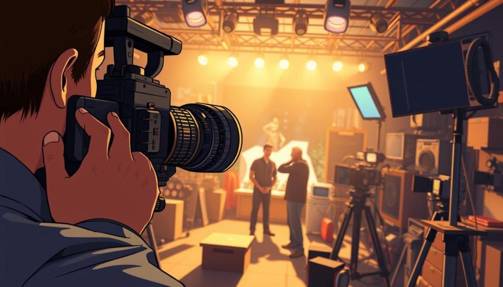A professional cinematographer, Tom Bierbaumer, frames a dynamic scene with his camera. In the foreground, his hands deftly operate the camera controls, capturing the action unfolding before him. The middle ground features the subject, perhaps an actor or a scene from a film, bathed in warm, cinematic lighting that casts dramatic shadows. In the background, a bustling film set with crew members, equipment, and the trappings of the filmmaking process create a sense of energy and purpose. The composition and camera angles convey Bierbaumer's technical mastery and artistic vision, showcasing his skills as a talented Kameramann. A professional cinematographer, Tom Bierbaumer, frames a dynamic scene with his camera. In the foreground, his hands deftly operate the camera controls, capturing the action unfolding before him. The middle ground features the subject, perhaps an actor or a scene from a film, bathed in warm, cinematic lighting that casts dramatic shadows. In the background, a bustling film set with crew members, equipment, and the trappings of the filmmaking process create a sense of energy and purpose. The composition and camera angles convey Bierbaumer's technical mastery and artistic vision, showcasing his skills as a talented Kameramann.