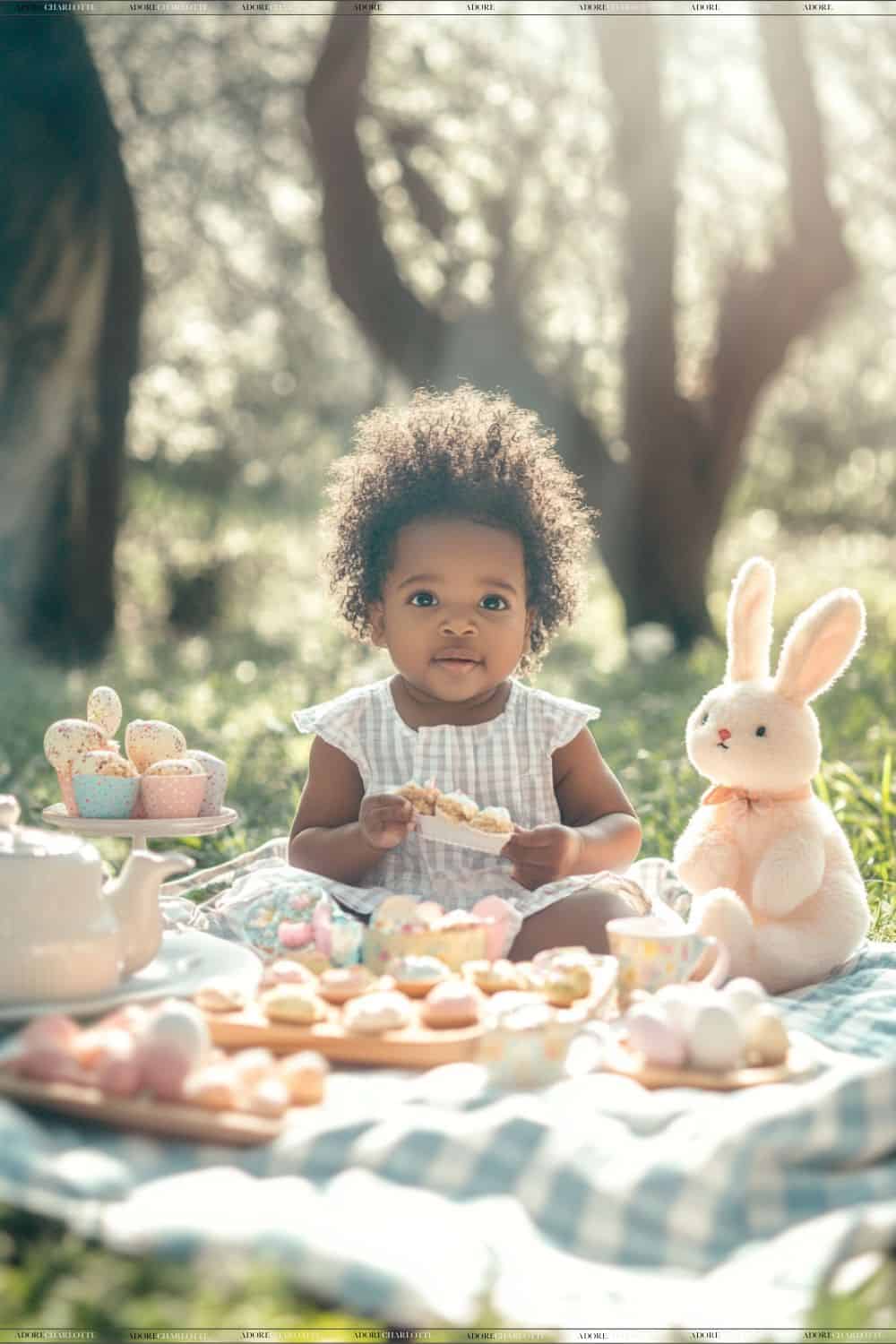 cute baby having a picnic with teddies in the woods at easter