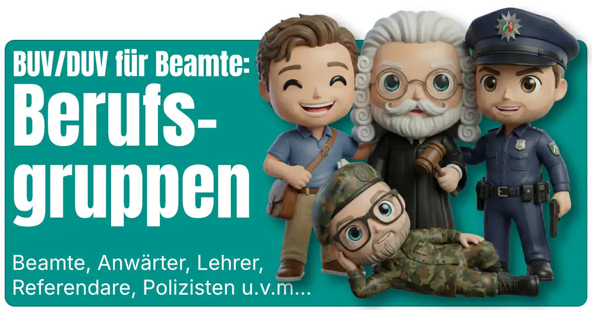 Vier Maskottchen-Figuren von fairbeamtet.de stehen nebeneinander. Ein Lehrer (oder evtl. ein Referendar = Beamtenanwärter), ein Richter, ein Polizist und ein Soldat. Im Hintergrund ist ein grüner Kasten. In fetten, weißen Buchstaben steht geschrieben: Die besten Berufsunfähigkeitsversicherungen für Beamte nach der jeweiligen Berufsgruppe. Darunter steht in etwas kleineren Buchstaben: Beamtenanwärter, Beamte, Lehrer, Referendare, Polizisten, Richter, Hochschullehrer, Professoren und Mediziner (Ärzte)
