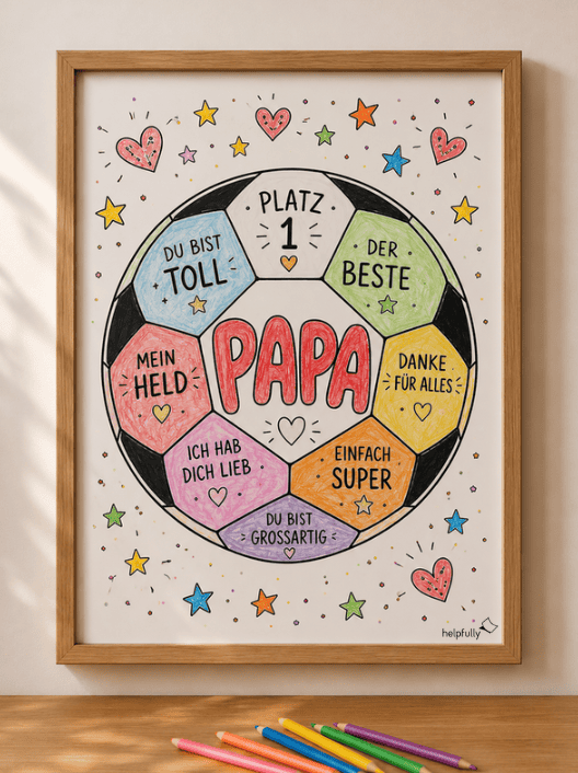Auch im Rahmen toll - die DIY-Vorlage mit Fußball zum Ausmalen als Geschenk für Papas