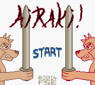 Air-gaming jeu vidéo rétro, combat entre chiens pixel art, écran de début de jeu, illustration numérique, style vieux jeux vidéo, décoration de gaming, fan art, pixel art vibrant, aventure fantastique, éléments nostalgiques, style arcade, univers jeu vidéo, pixel art, graphique pixelisé, environnement de combat, gaming nostalgie, design créatif pour fans.