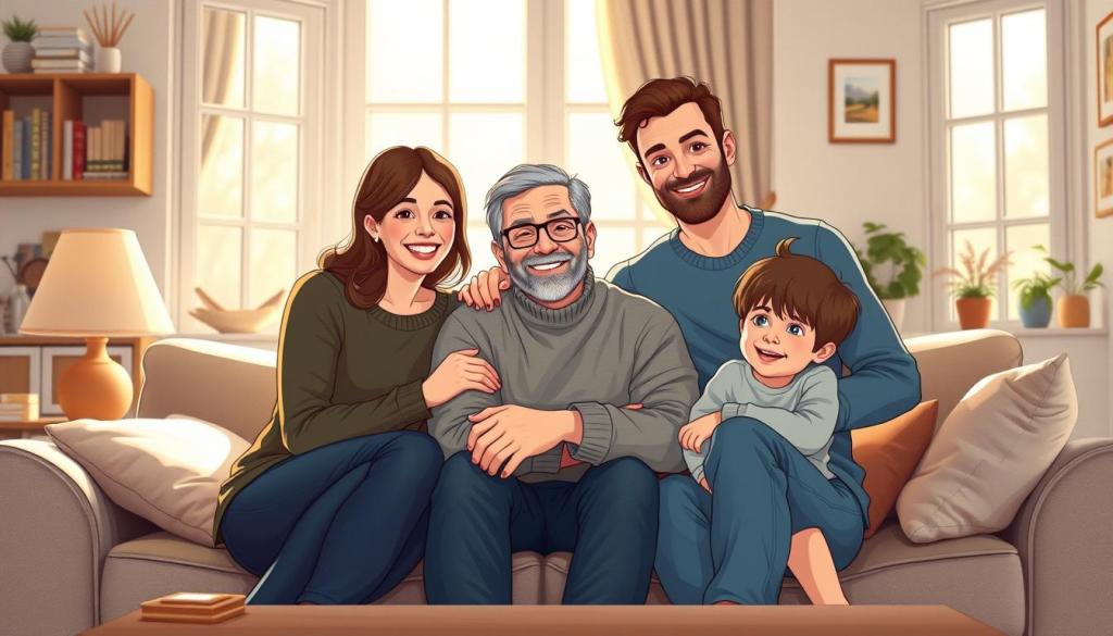 A warm, inviting family portrait of Christoph Köhler with his wife and two children, captured in a cozy domestic setting. The family is gathered together in a softly lit living room, with Christoph seated in the center, flanked by his smiling spouse and their young son and daughter. Gentle natural light filters in through large windows, casting a gentle glow on the scene. The family is dressed in casual, comfortable attire, conveying a sense of ease and intimacy. The background features tasteful decor and personal touches, suggesting a loving, well-lived-in home. The overall mood is one of togetherness, happiness, and the cherished moments of family life. A warm, inviting family portrait of Christoph Köhler with his wife and two children, captured in a cozy domestic setting. The family is gathered together in a softly lit living room, with Christoph seated in the center, flanked by his smiling spouse and their young son and daughter. Gentle natural light filters in through large windows, casting a gentle glow on the scene. The family is dressed in casual, comfortable attire, conveying a sense of ease and intimacy. The background features tasteful decor and personal touches, suggesting a loving, well-lived-in home. The overall mood is one of togetherness, happiness, and the cherished moments of family life.