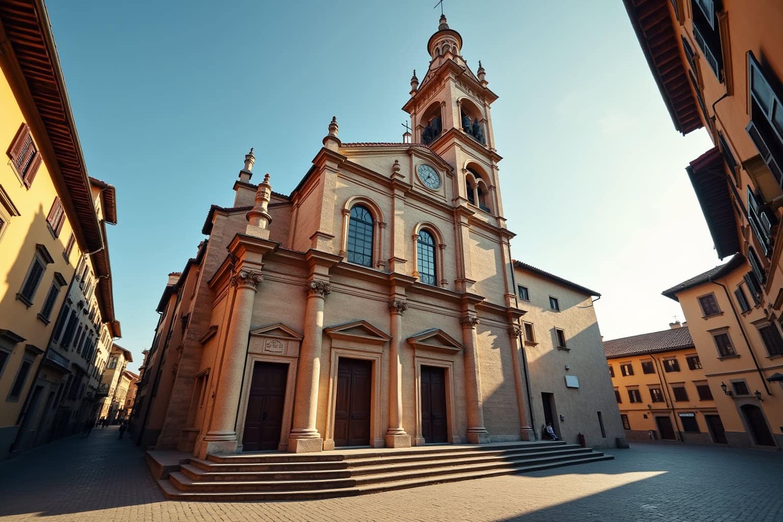 Historische Kirche in der Altstadt, umgeben von charmanten Gebäuden und Kopfsteinpflaster.