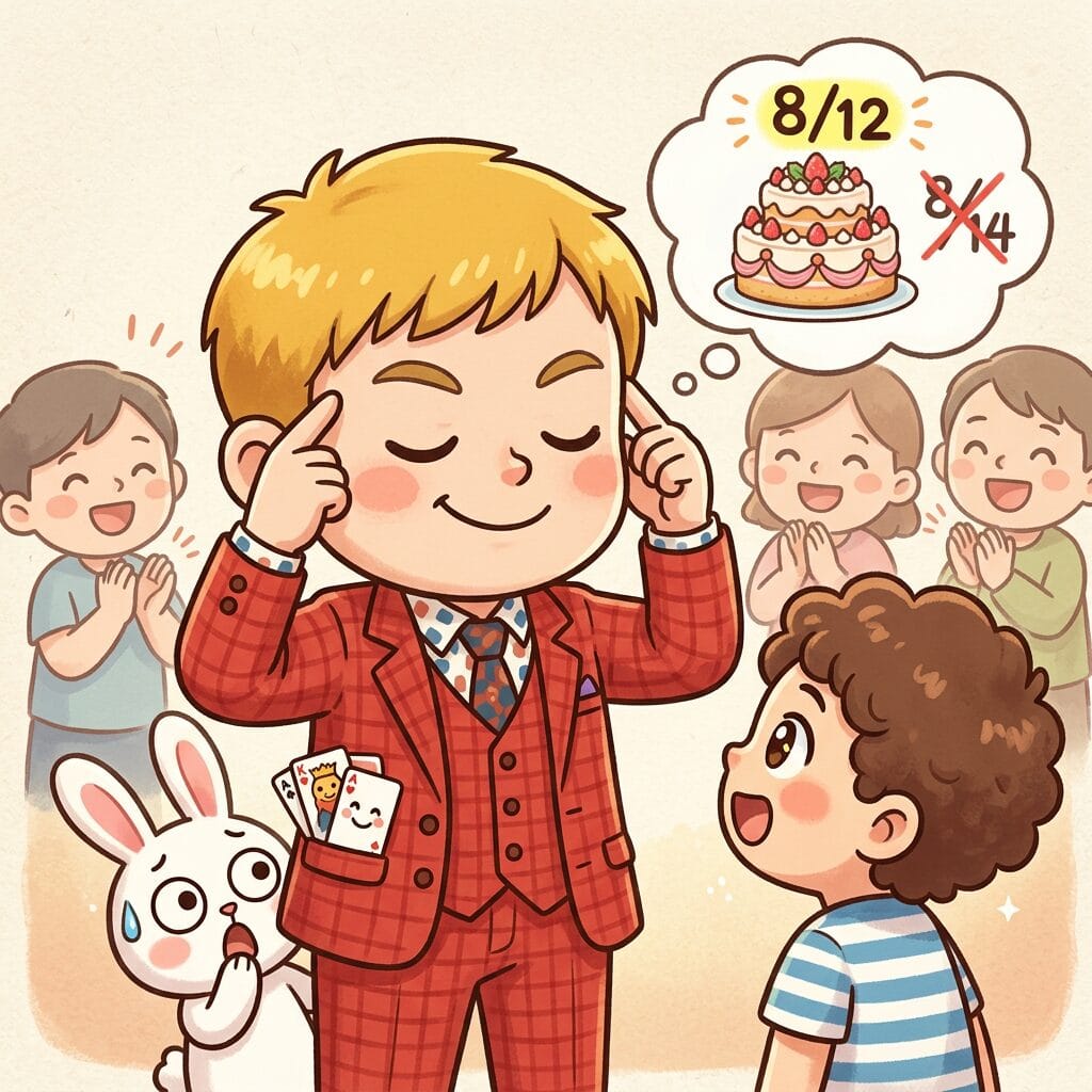 銀座GINZA SIXで鏡張りマジック!? 芸歴20周年に向けて3つの新作に挑む富山マジシャンの舞台裏 14 読心術で誕生日を当てようと集中するマジシャン・コンプレッサーと驚く観客のチビキャラ風イラスト