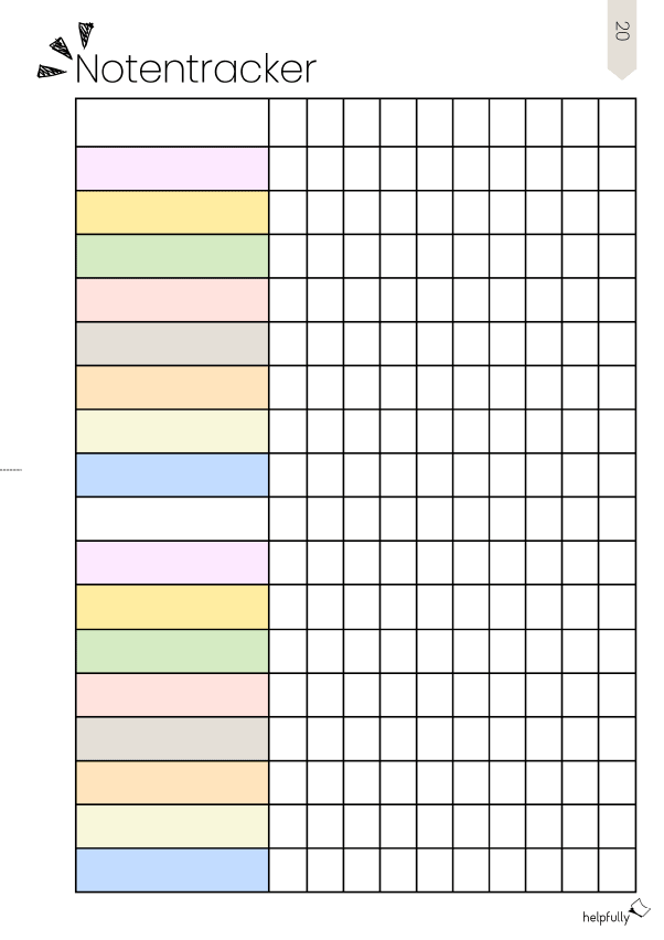 Liste um Schulnoten einzutragen als coole Notentrackertabelle zum Ausdrucken