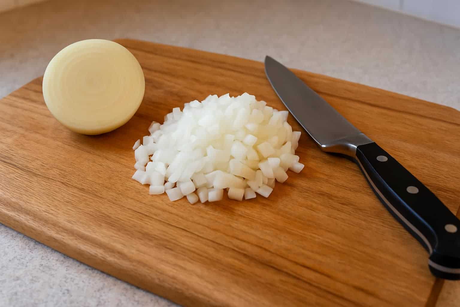 a knife next to a cutting board with chopped onions