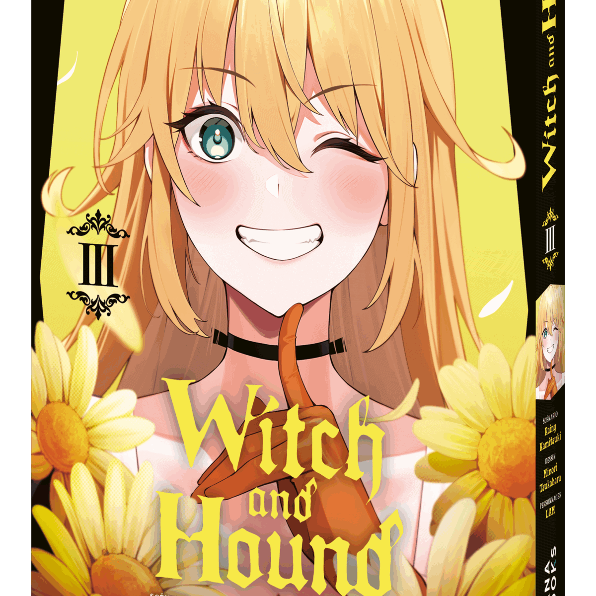 Série de jeux vidéo "Witch and Hound" avec personnage anime souriant et bouquet de marguerites, scène colorée, jeu de rôle fantastique, édition manga, aventure immersive, personnages féminins, univers magique.