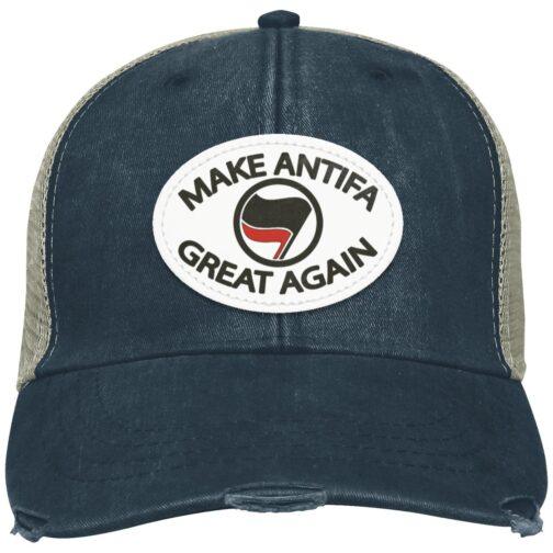 1501-15842-107815593 Make Antifa Great Again distressed Adams trucker cap. Navy blue with tan mesh back, featuring a vegan leather patch with political satire message