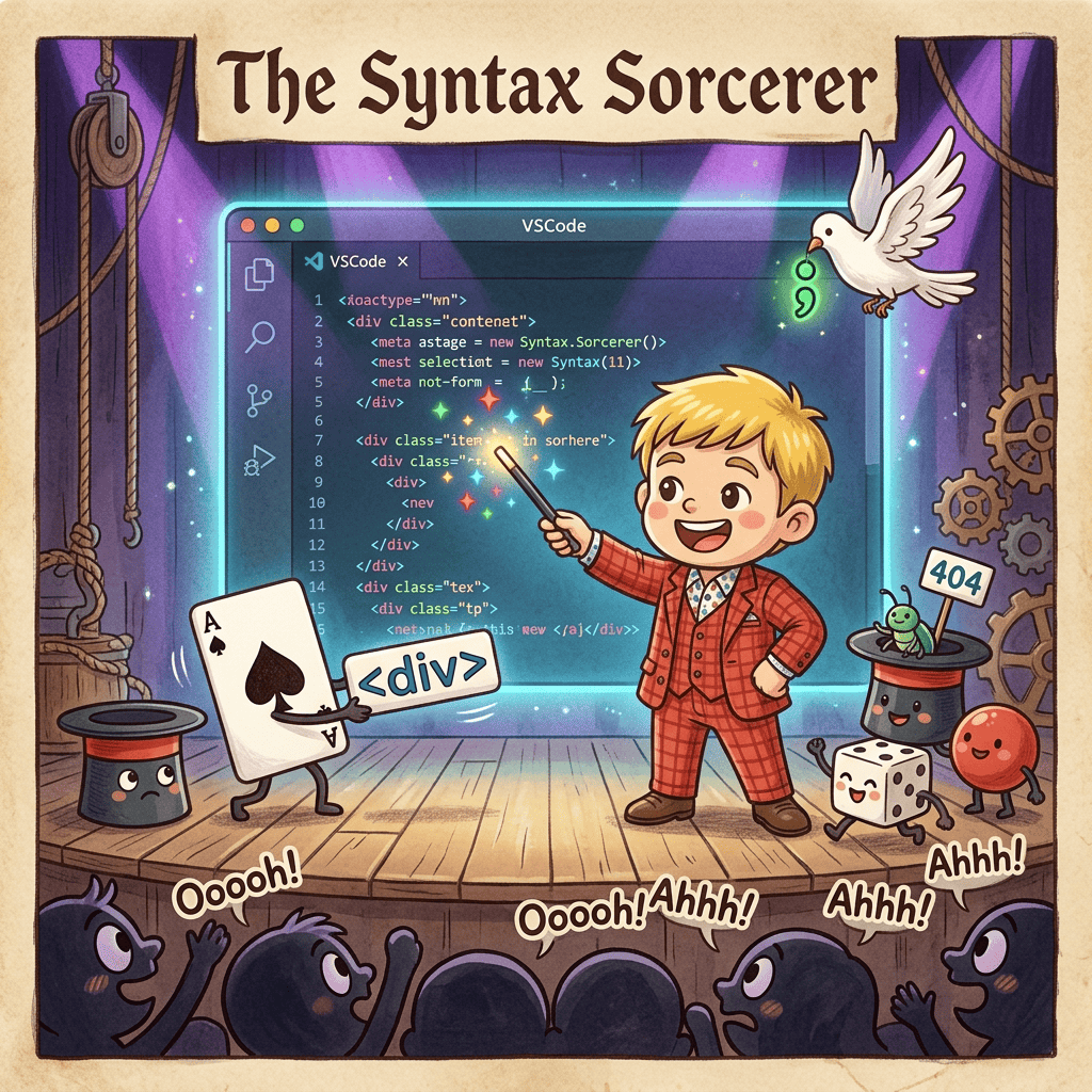 VSCode×Claude Codeで「ブログ執筆→画像生成→SEO設定→WordPress投稿」を全自動化した話。もうWordPressの管理画面を開く必要がない 8 AIエージェント活用セミナーでVSCodeのライブデモを実演するマジシャン。大きなスクリーンにコードを映し、客席が驚く中、擬人化トランプと鳩も一緒にパフォーマンスするチビキャラ風イラスト
