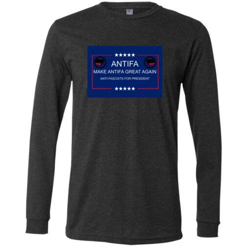 Dark grey heather long sleeve tee with "Antifa: Make Antifa Great Again, Anti-Fascists for President" design in blue and red rectangle with stars and Antifa logos. A premium cotton anti-fascist shirt.