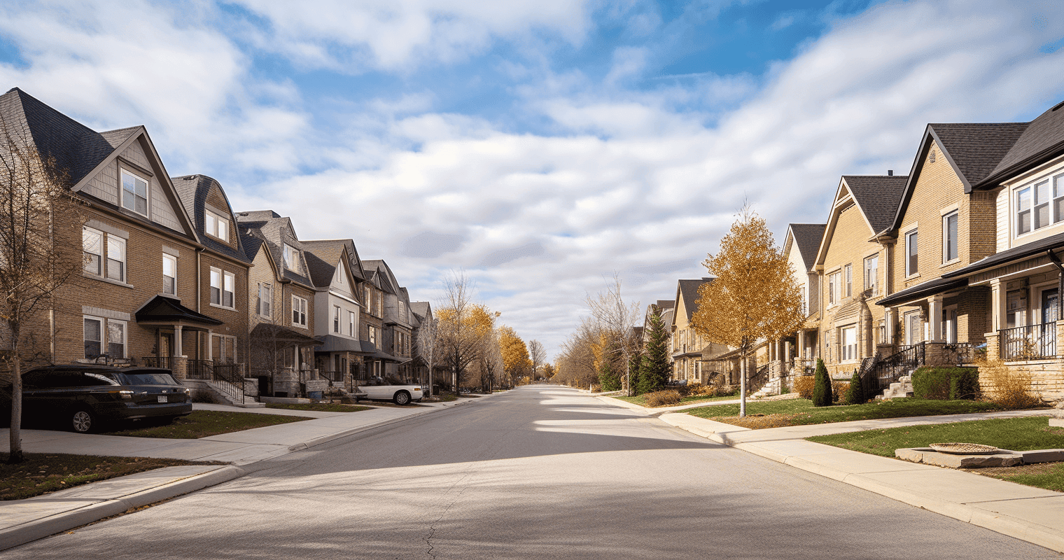A suburban street with rows of modern houses on both sides. The two-story brick homes have small front yards, some with trees boasting yellow autumn leaves. The sky is partly cloudy with patches of blue, and several parked cars are visible, including a locksmith's van by one of the driveways.