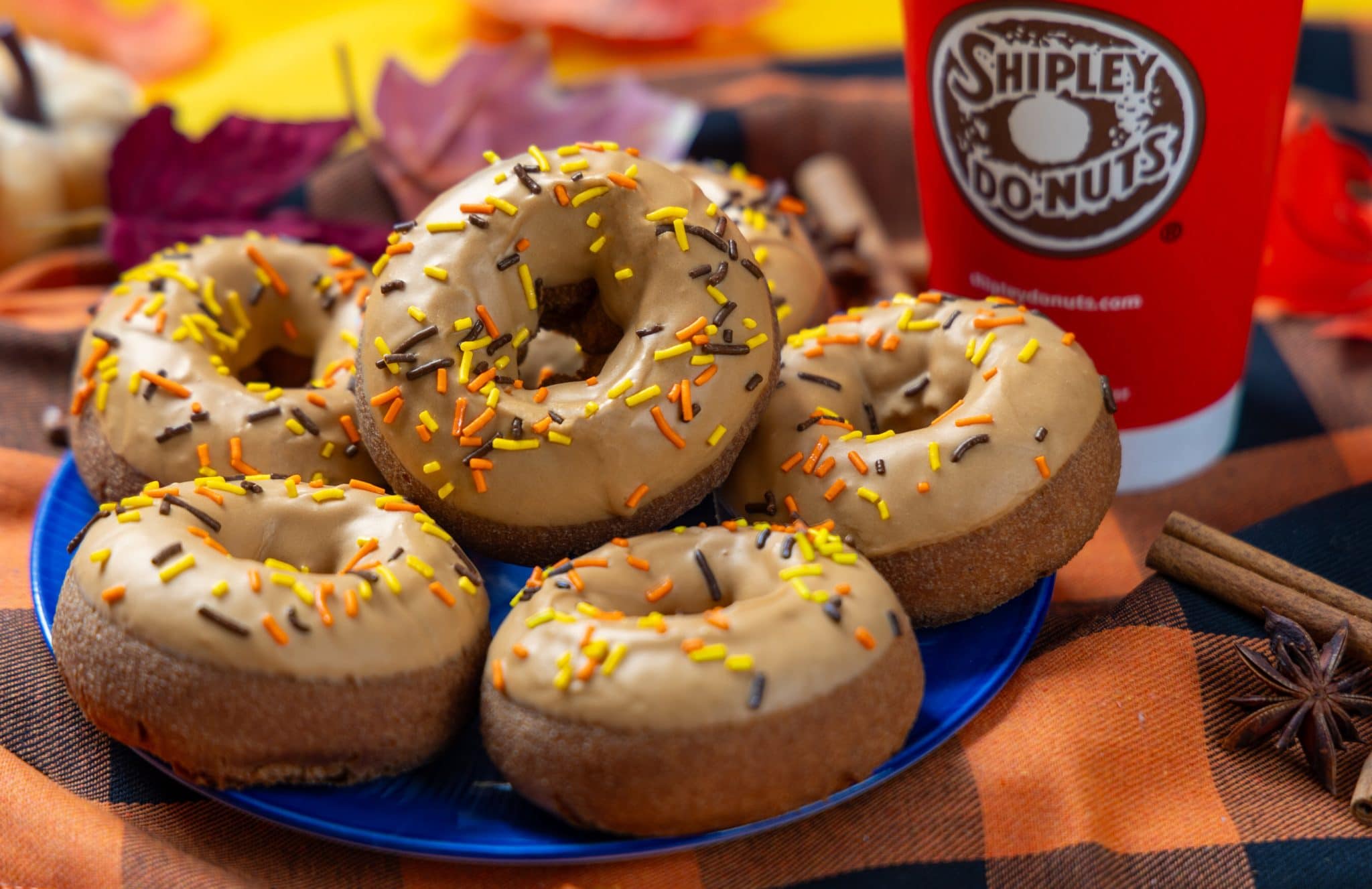 Shipley Donuts Pumpkin Spice Donuts with maple icing and fall sprinkles, part of October donut trends and seasonal franchise menu strategy.
