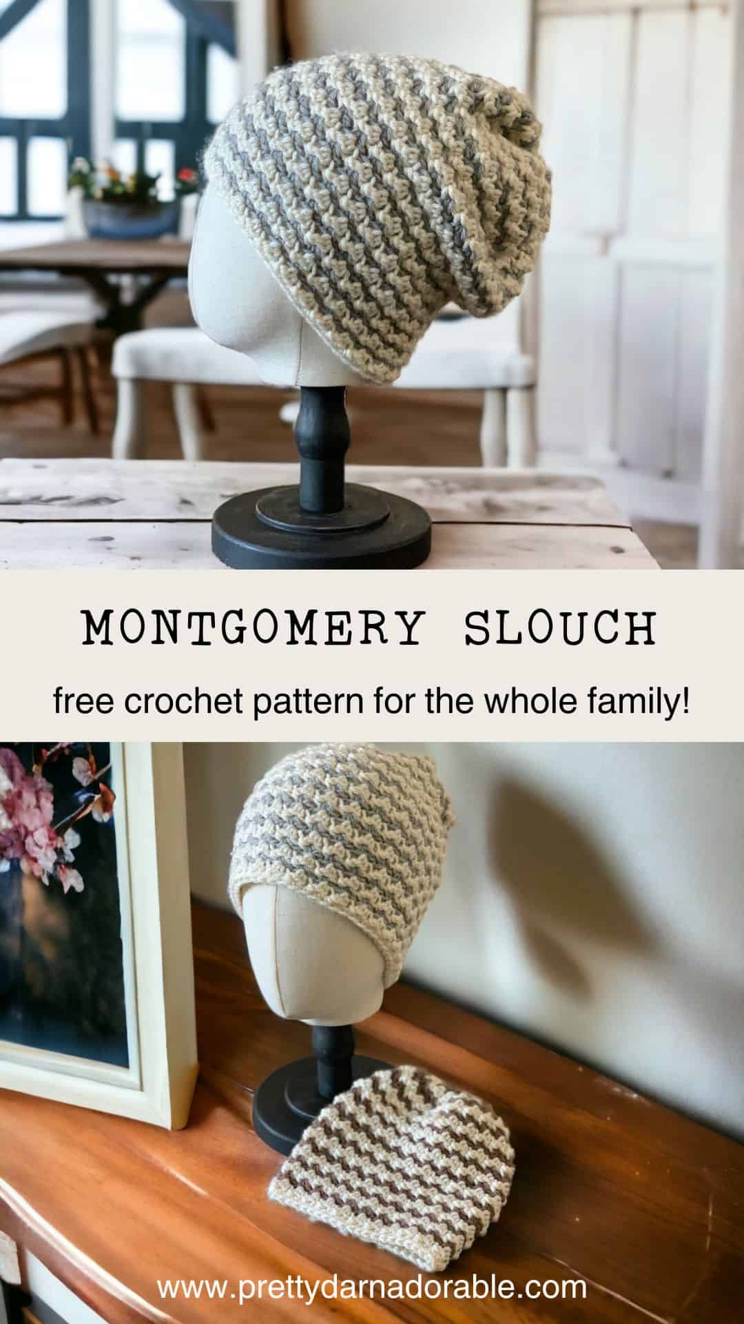 two striped crochet slouchy beanie hats made in cream and grey