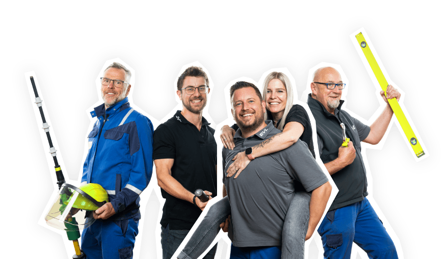 Lächelnde EVL-Mitarbeitende, teils mit Werkzeug. Headergrafik Über-uns-Seite