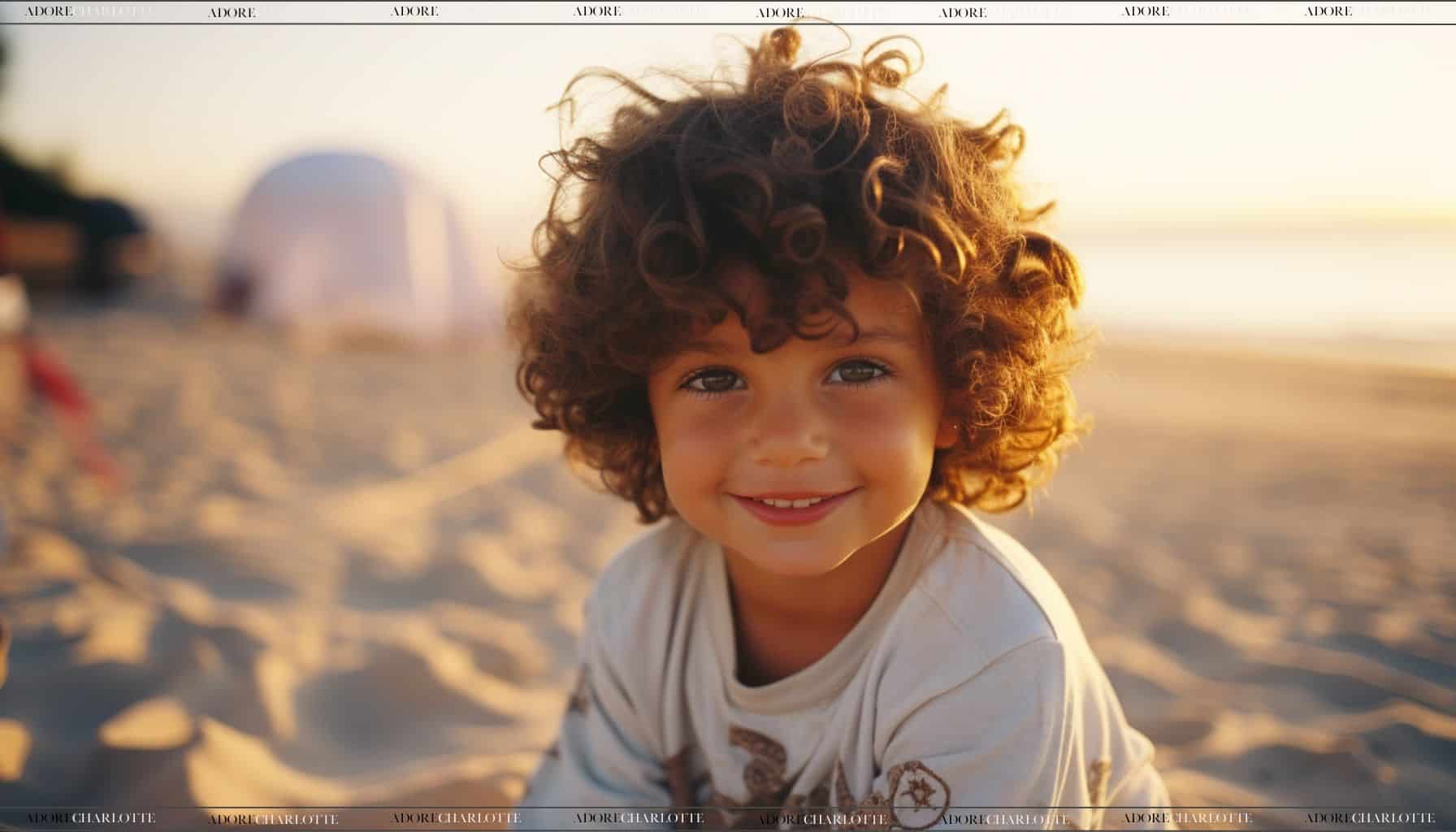 Middle Name for Austin Curly hair boy on a beach at sunset.