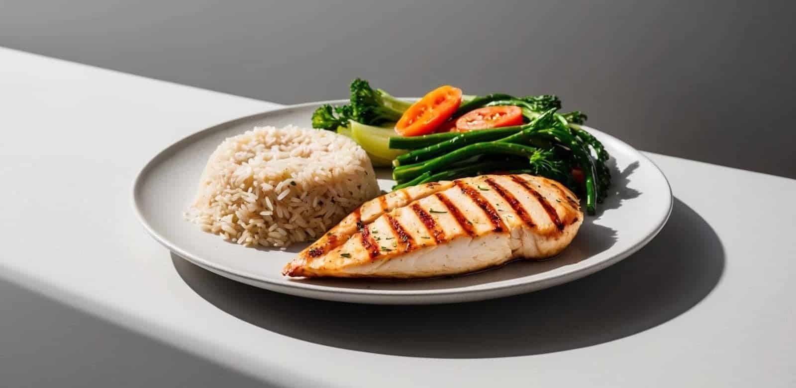 A plate with Healthy Grilled Chicken breast, a serving of white rice, and steamed vegetables including broccoli and tomatoes on a white surface.