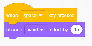 Scratch whirl effect block — pressing Spacebar applies increasing whirl distortion to the sprite